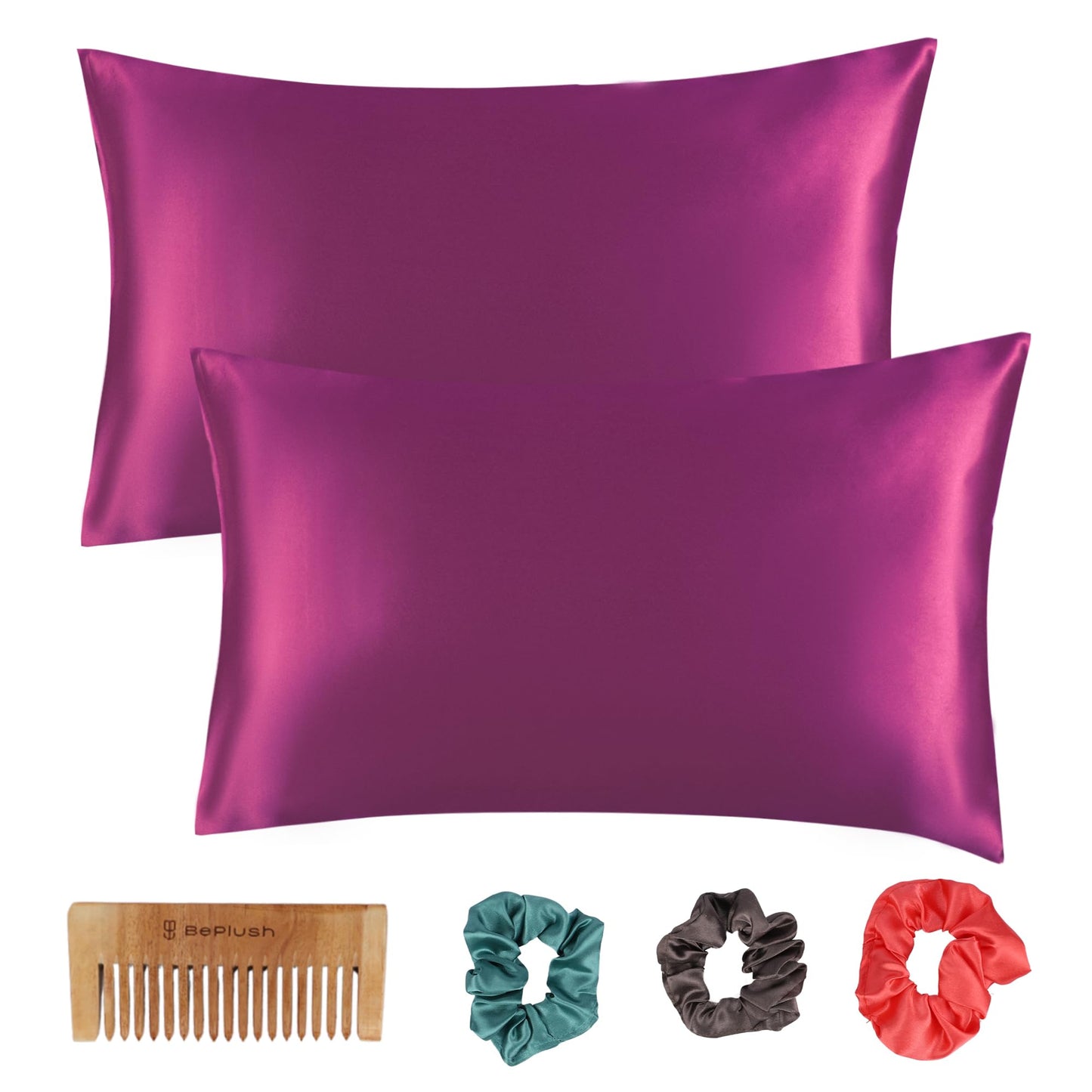 BePlush Satin Pillow Cover - Pillow case set with scrunchies and comb