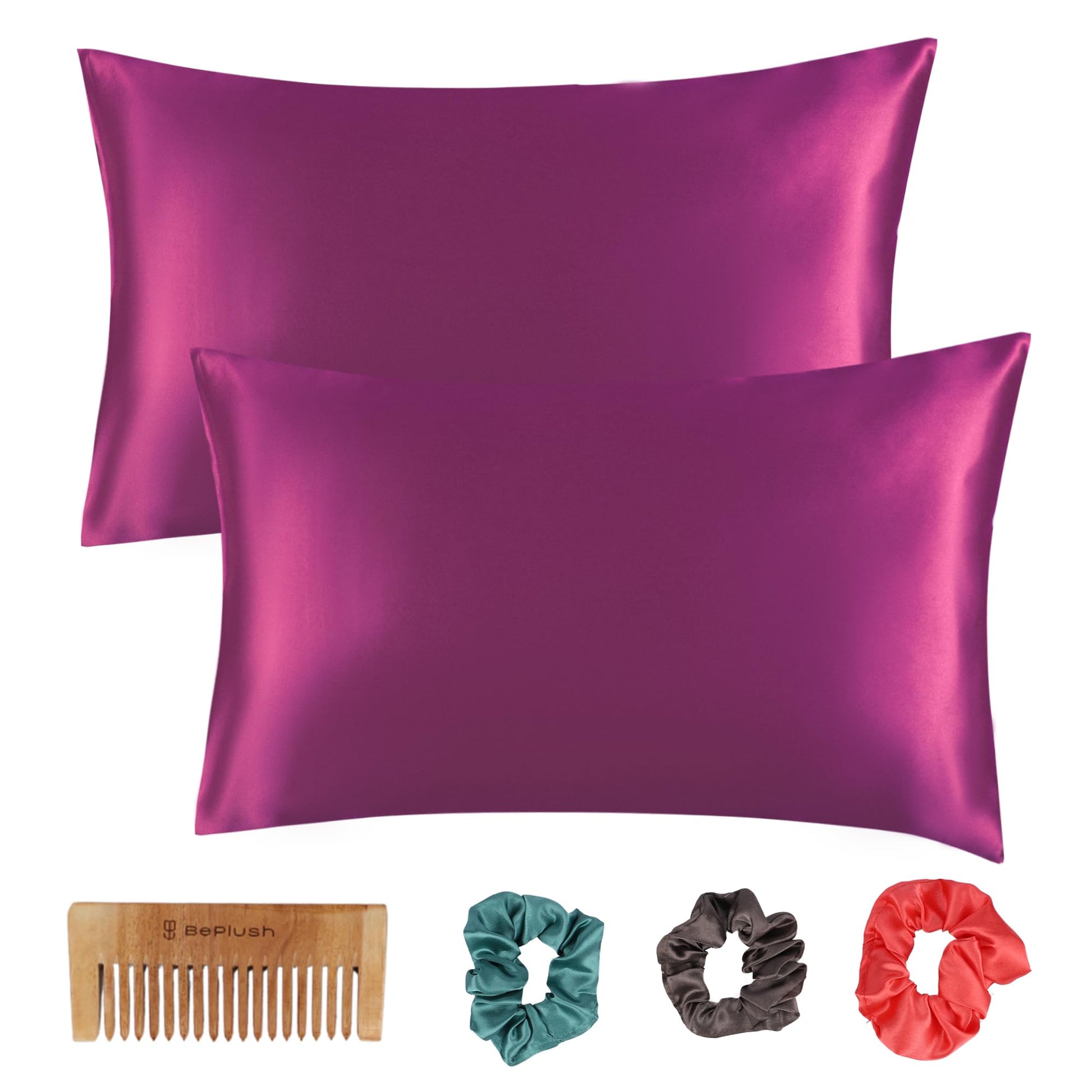 BePlush Satin Pillow Cover - Pillow case set with scrunchies and comb