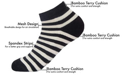 Mush Bamboo Socks for Men & Women - Ultra Soft, Breathable, Ankle socks for running, exercise & sports (White Stripes on Black, 3)