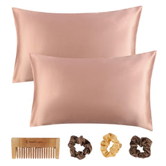 BePlush Satin Pillow Cover Set for Hair and Skin | with 3 Piece Satin Scrunchies for Women & 1 Wooden Comb | Luxurious Haircare Combo/Gift Box | 2 Silk Pillow Covers (Envelope Closure, Royal Beige)