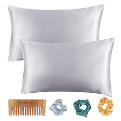 BePlush Satin Pillow Cover Set for Hair and Skin | with 3 Piece Satin Scrunchies for Women & 1 Wooden Comb | Luxurious Haircare Combo/Gift Box | 2 Silk Pillow Covers (Envelope Closure, White)