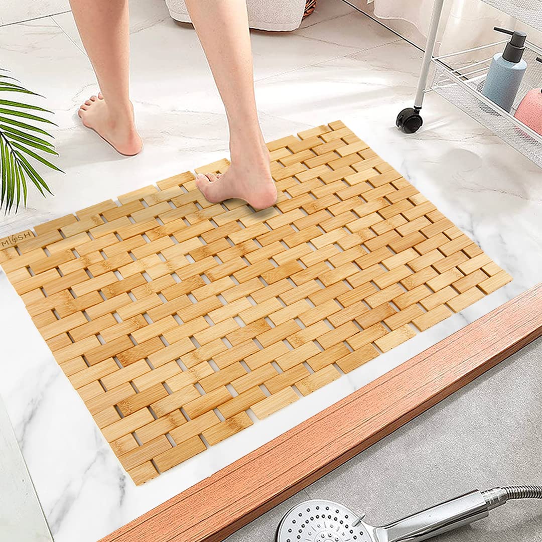 mDesign Bamboo Water Resistant Bath Mat Rug - 2 Pack - Natural