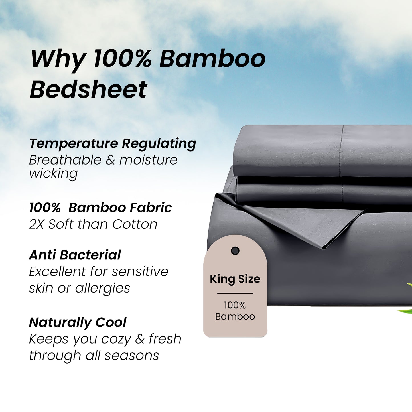 Mush 100% Bamboo Bedsheet for King Size Bed with 2 Pillow Covers | 400 TC Luxuriously Soft, Breathable and Naturally Anti Microbial Thermoregulating Bed Sheet | Pack of 1, Charcoal Grey