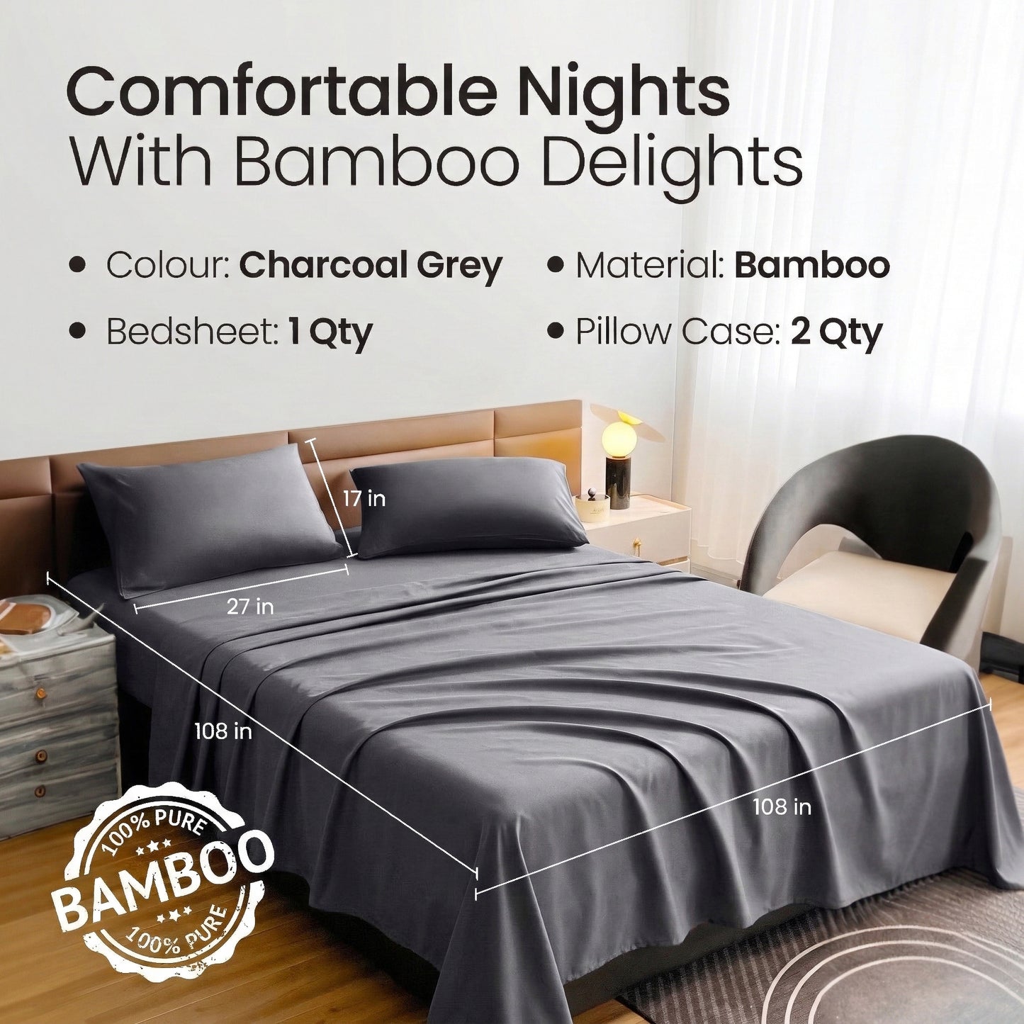 Mush 100% Bamboo Bedsheet for King Size Bed with 2 Pillow Covers | 400 TC Luxuriously Soft, Breathable and Naturally Anti Microbial Thermoregulating Bed Sheet | Pack of 1, Charcoal Grey
