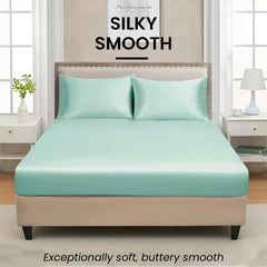 Mush 400TC Luxurious Satin Silk King Size Elastic Fitted Bedsheet with 2 Pillow Covers - Silky Soft, Skin-Friendly, Breathable, Durable Premium Bedding | 78" X 72" X 10" (Aqua Blue, King Fitted)