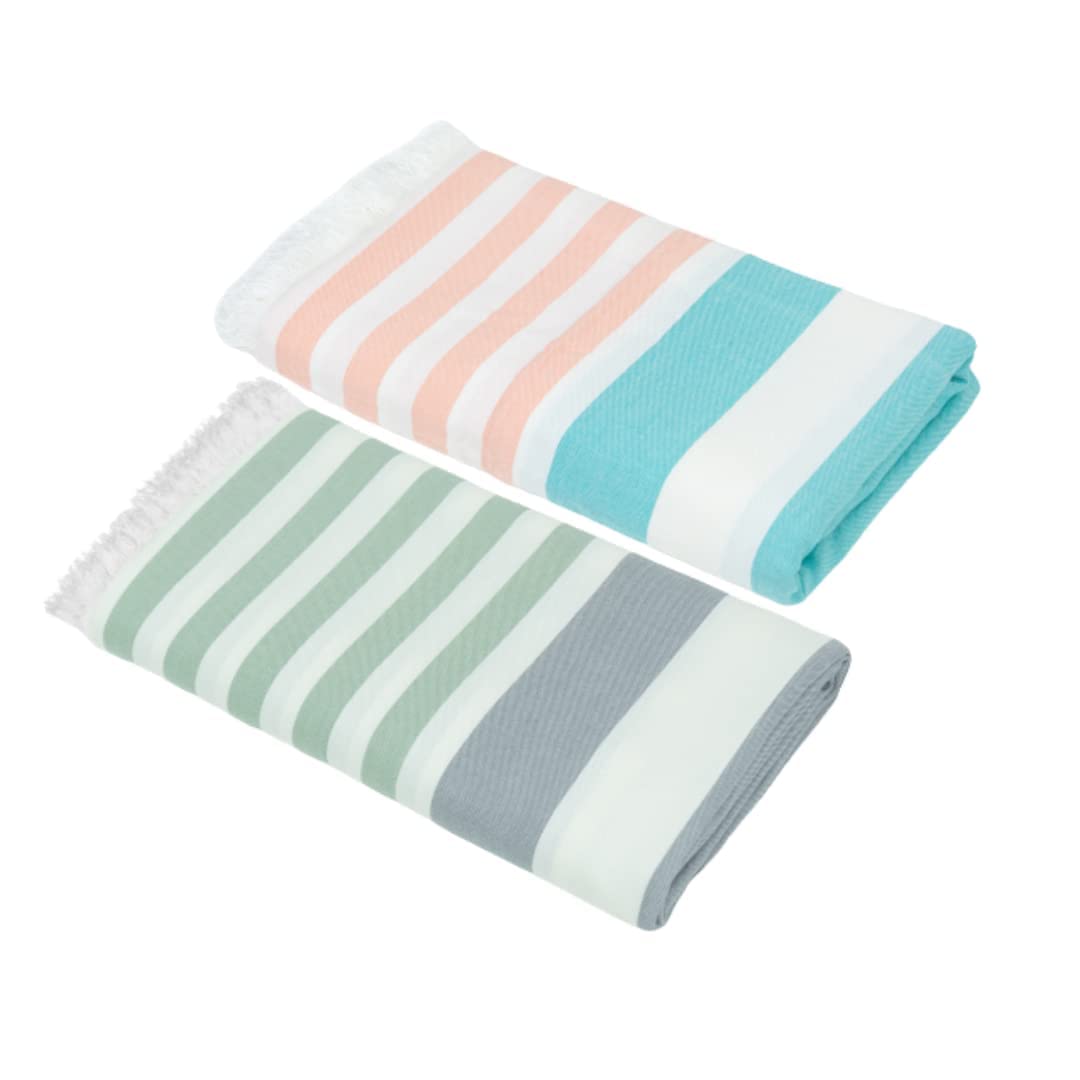 Mush Extra Large Cabana Style Turkish Towel 100% Bamboo - (90 x 160 cms) - Ideal for Beach, Bath, Pool etc (Light Green-Grey & Peach-Turquoise, 2)