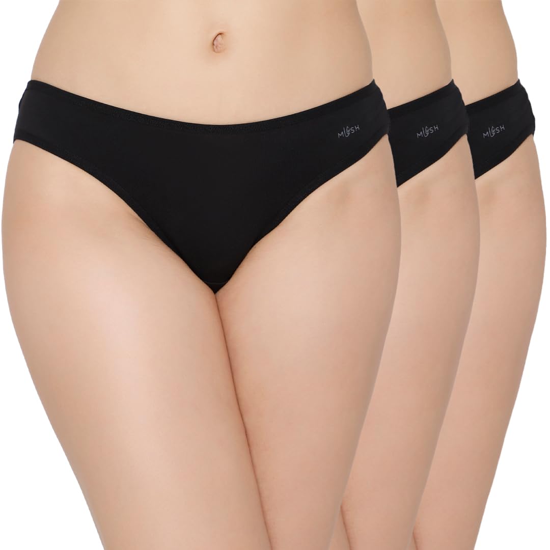 Mush Womens Ultra Soft Bamboo Modal Bikini Brief || Breathable Panties || Anti-Odor, Seamless, Anti Microbial Innerwear (S - Pack of 3, Black Color)