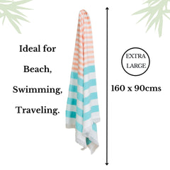 Mush Extra Large Cabana Style Turkish Towel 100% Bamboo - (90 X 160 Cms) - Ideal For Beach, Bath, Pool Etc (Peach & Turquoise, 1), 250 Gsm