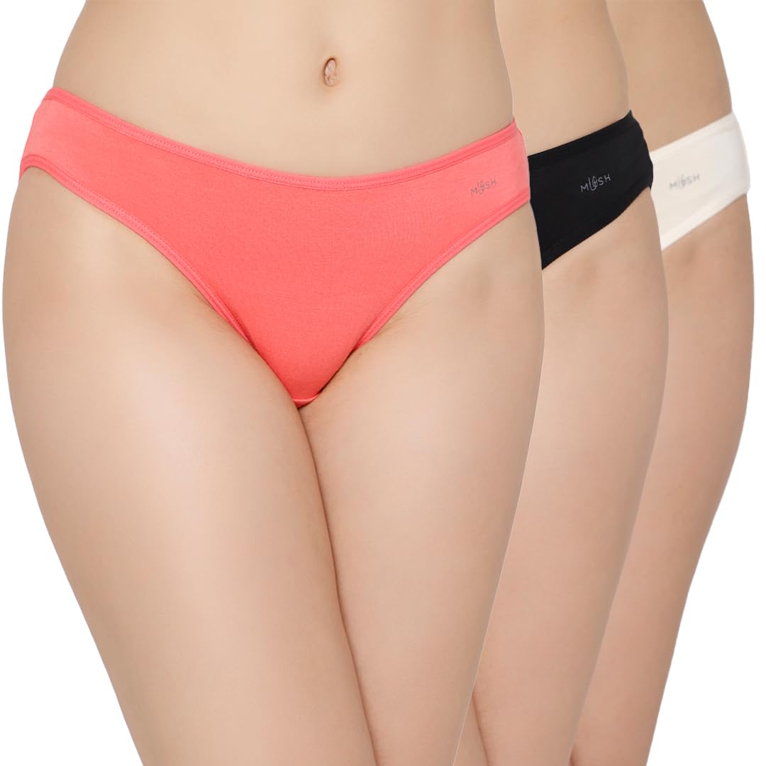 Mush Womens Ultra Soft Bamboo Modal Bikini Brief || Breathable Panties || Anti-Odor, Seamless, Anti Microbial Innerwear (XL - Pack of 3, Beige, Black & Rose Pink)