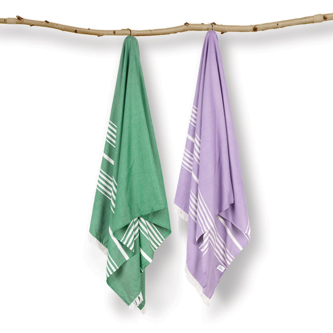 Mush Bamboo Turkish Towel Set: Perfect Diwali, Wedding, Housewarming, Anniversary Gifts for Women, Men, Couples. Soft, Absorbent, Compact, Quick Dry Towel for Bath, Travel, Gym, Beach, Pool, Yoga (2, Gift Box : Lavender - Dark Green)
