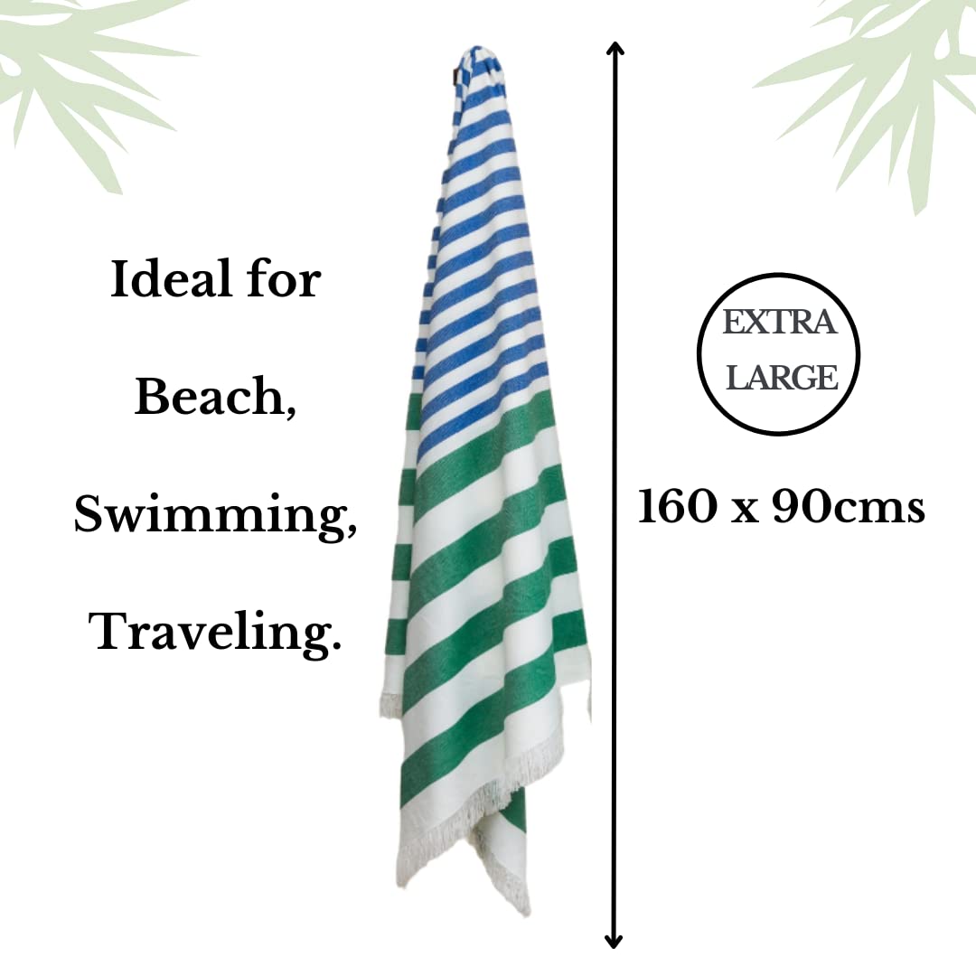 Mush Bamboo Extra Large Cabana Style Turkish Towel | Ideal for Beach, Bath, Pool, Travel & Yoga | Size : 90 x 160 cms | (Light Green-Grey & Blue-Dark Green, 2)