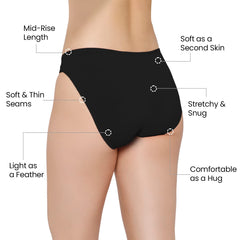 Mush Womens Ultra Soft Bamboo Modal Bikini Brief || Breathable Panties || Anti-Odor, Seamless, Anti Microbial Innerwear (L - Pack of 3, Black Color)