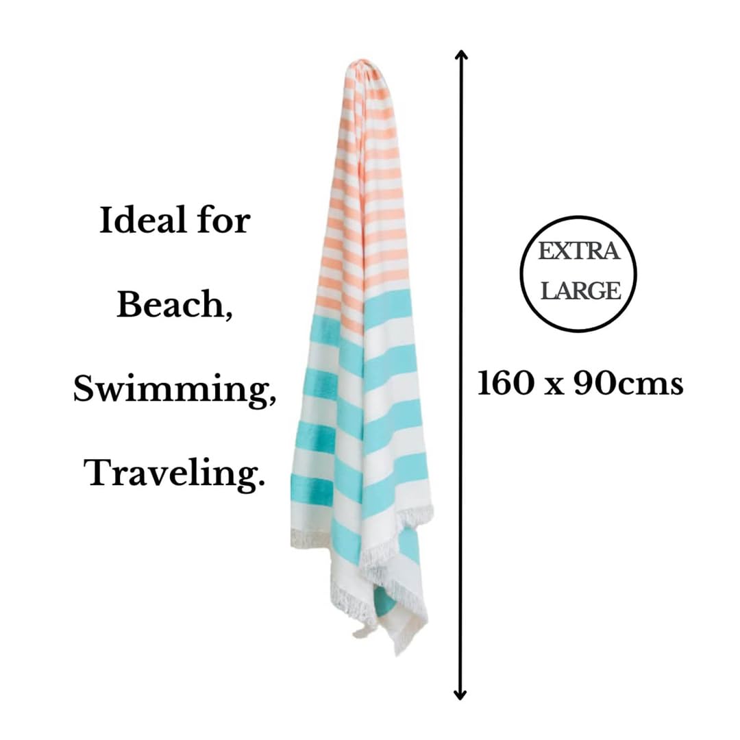 Mush 100% Bamboo Extra Large Cabana Style Turkish Towel - (90 X 160 Cms) - Ideal for Beach, Bath, Pool, Gym, Dress Towel Etc (Peach Aqua & Light Green Grey XL-2)