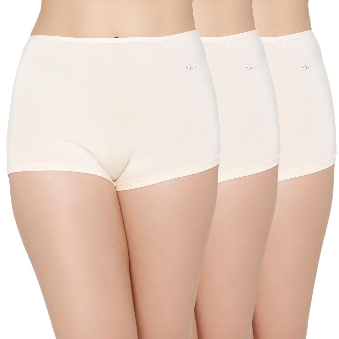 Mush Womens Ultra Soft High Waist Bamboo Modal Boyshorts || Breathable Panties || Anti-Odor, Seamless, Anti Microbial Innerwear Pack of 3 (L, Beige)
