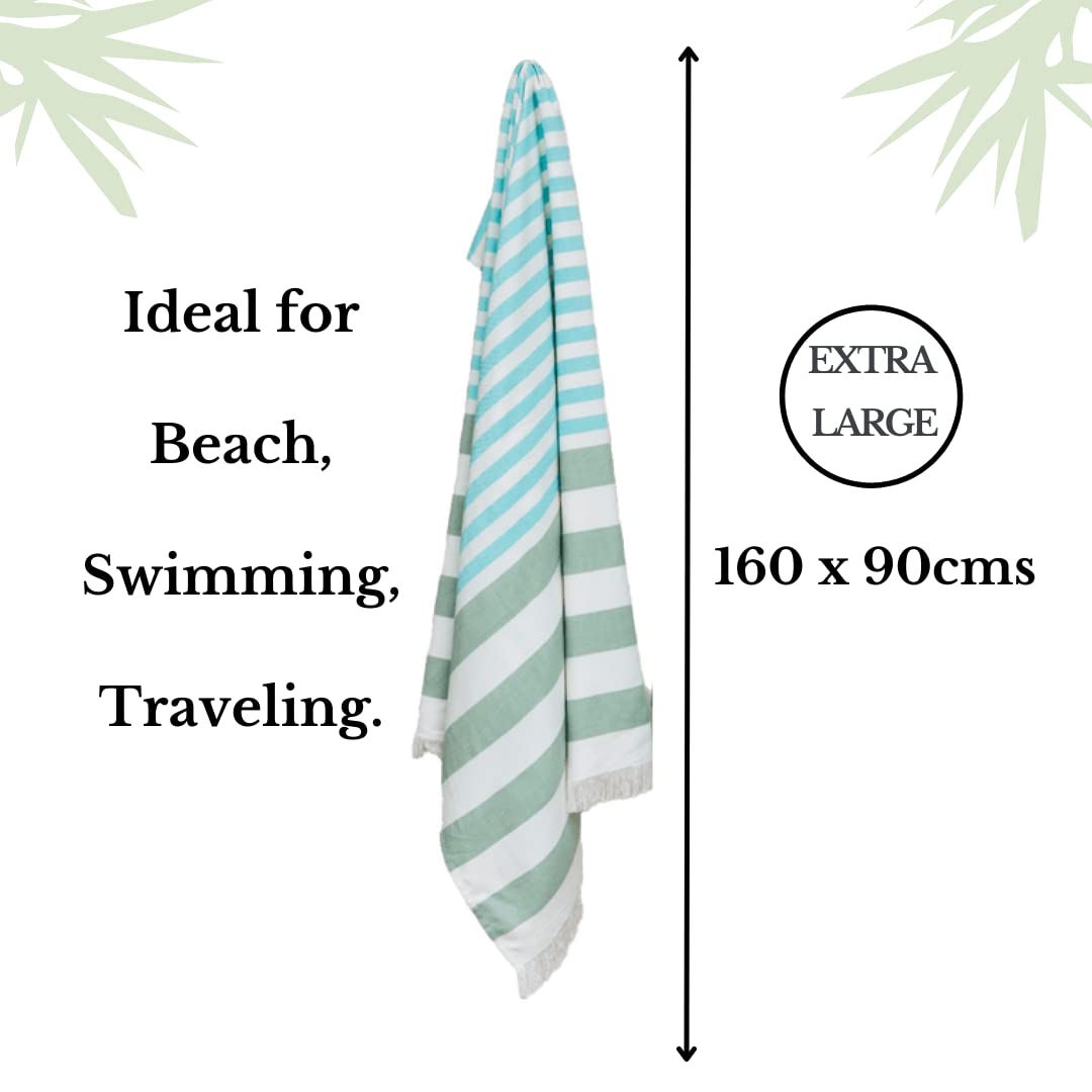 Mush Extra Large Cabana Style Turkish Towel 100% Bamboo 90 X 160 Cms, Ideal For Beach, Bath, Pool Etc (Turquoise-Light Green & Grey-Light Green, 250 Gsm)