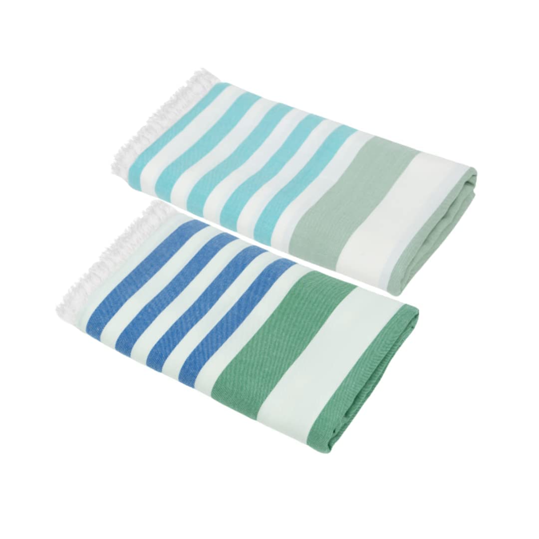Mush Extra Large Cabana Style Turkish Towel 100% Bamboo 90 X 160 Cms - Ideal For Beach, Bath, Pool Etc (Blue - Dark Green & Turquoise - Light Green, 250 Gsm)