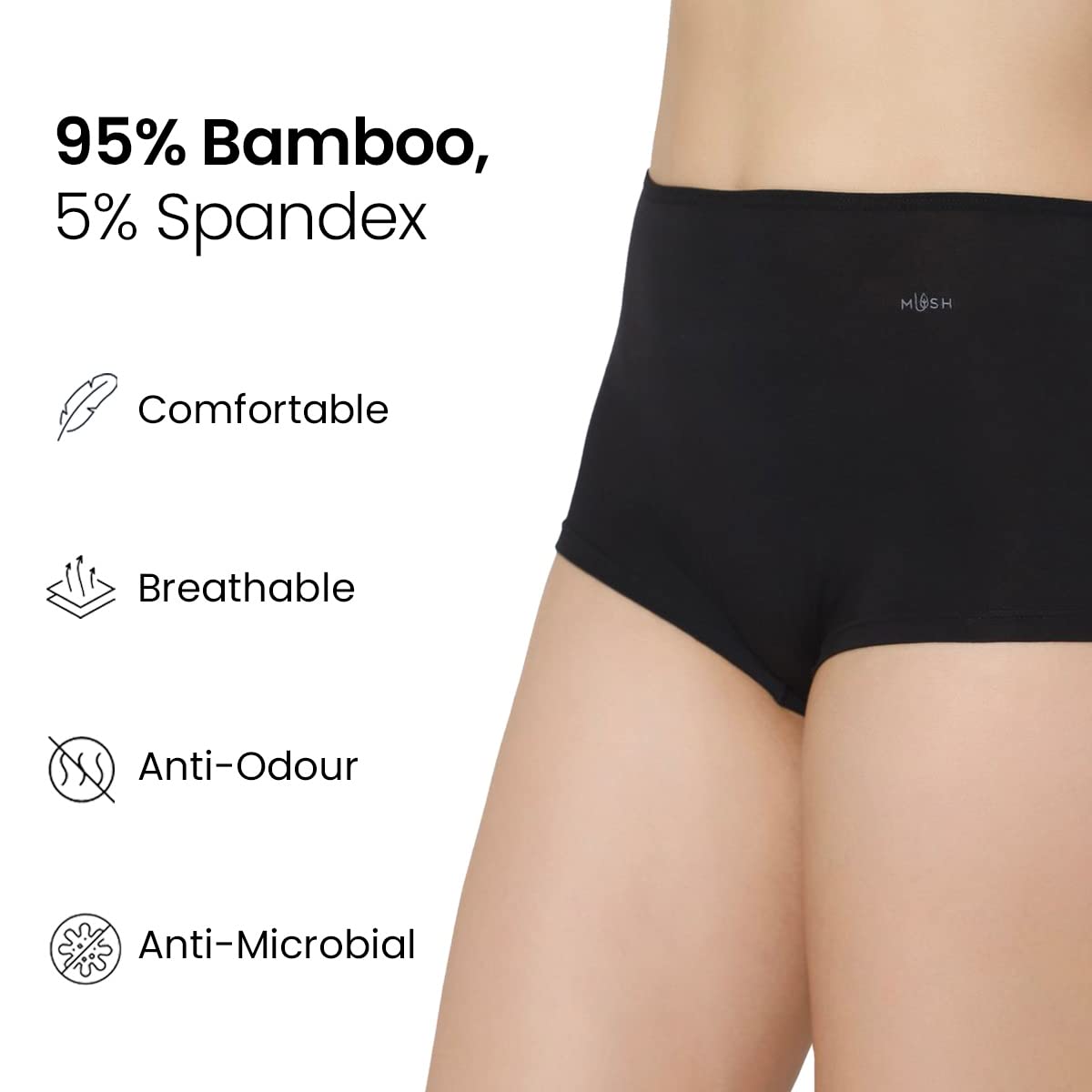 Mush Womens Ultra Soft High Waist Bamboo Modal Boyshorts || Breathable Panties || Anti-Odor, Seamless, Anti Microbial Innerwear (M- Pack of 3, Black Color)
