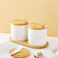 Mush Ceramic Jars Set with Bamboo Lid, Spoon and Tray|Kitchen Organizer Items and Storage | Multipurpose Condiments Container for Pickle, Sauces, Masala| 2 Pieces Kitchen Containers Set-250ml Each