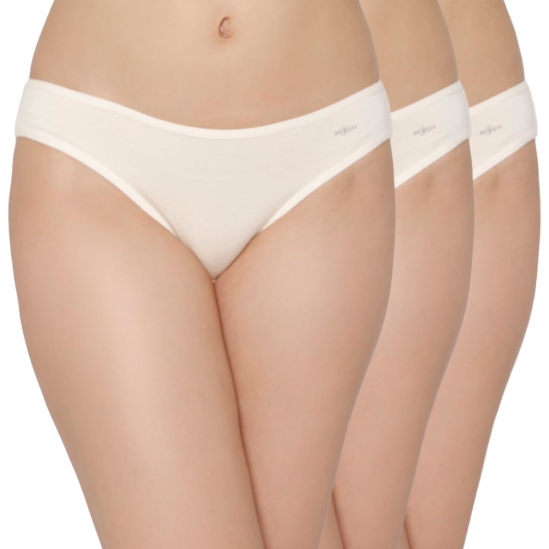 Mush Womens Ultra Soft Bamboo Modal Bikini Brief || Breathable Panties || Anti-Odor, Seamless, Anti Microbial Innerwear (L - Pack of 3, Beige Color)