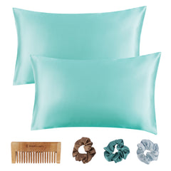 BePlush Satin Pillow Cover Set for Hair and Skin | with 3 Piece Satin Scrunchies for Women & 1 Wooden Comb | Luxurious Haircare Combo/Gift Box | 2 Silk Pillow Covers (Envelope Closure, Aqua Blue)