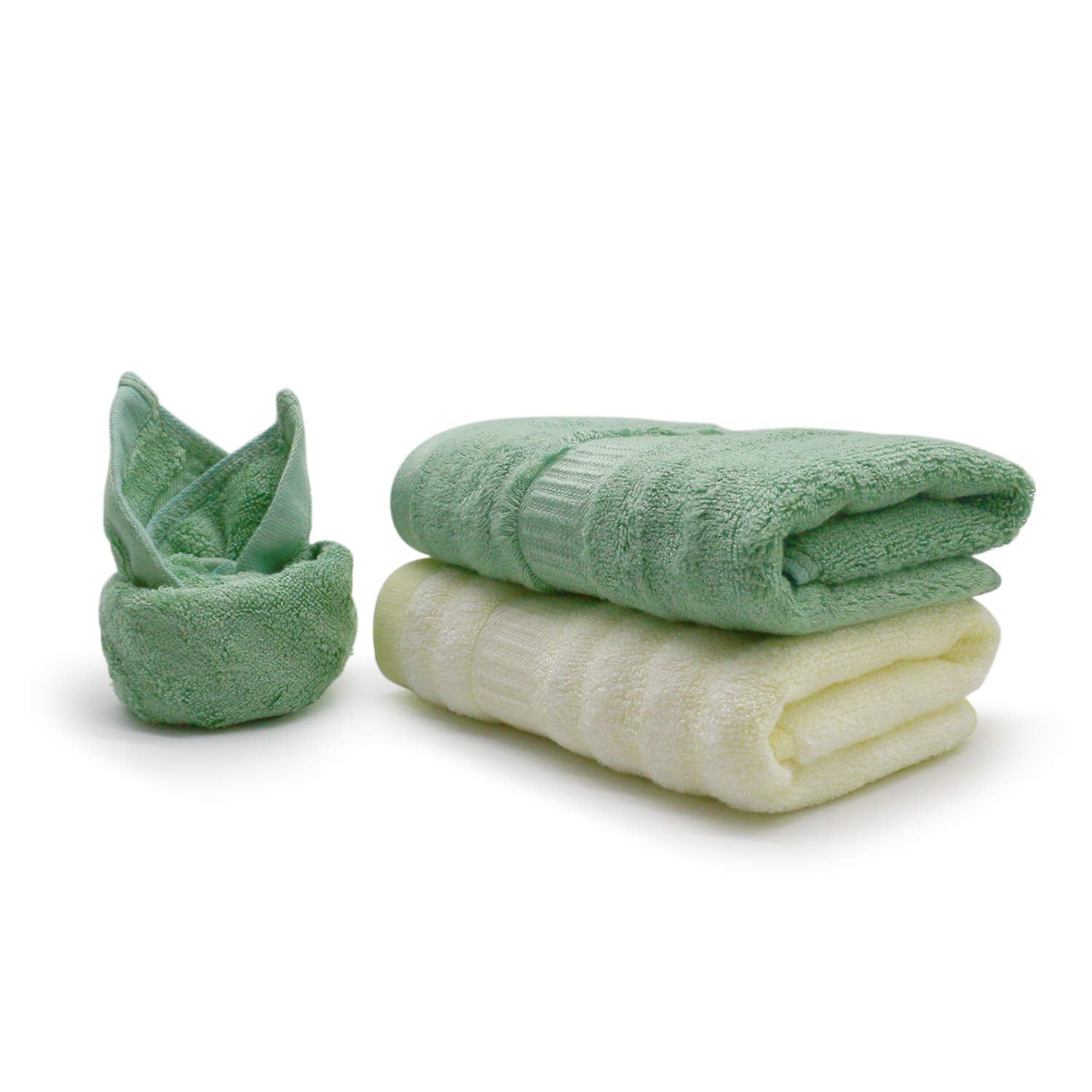 Mush Bamboo Hand Towel Set of 2 | 100% Bamboo | Ultra Soft, Absorbent & Quick Dry Towel for Daily use. Gym, Pool, Travel, Sports and Yoga | 75 X 35 cms | 600 GSM (Cream & Green)