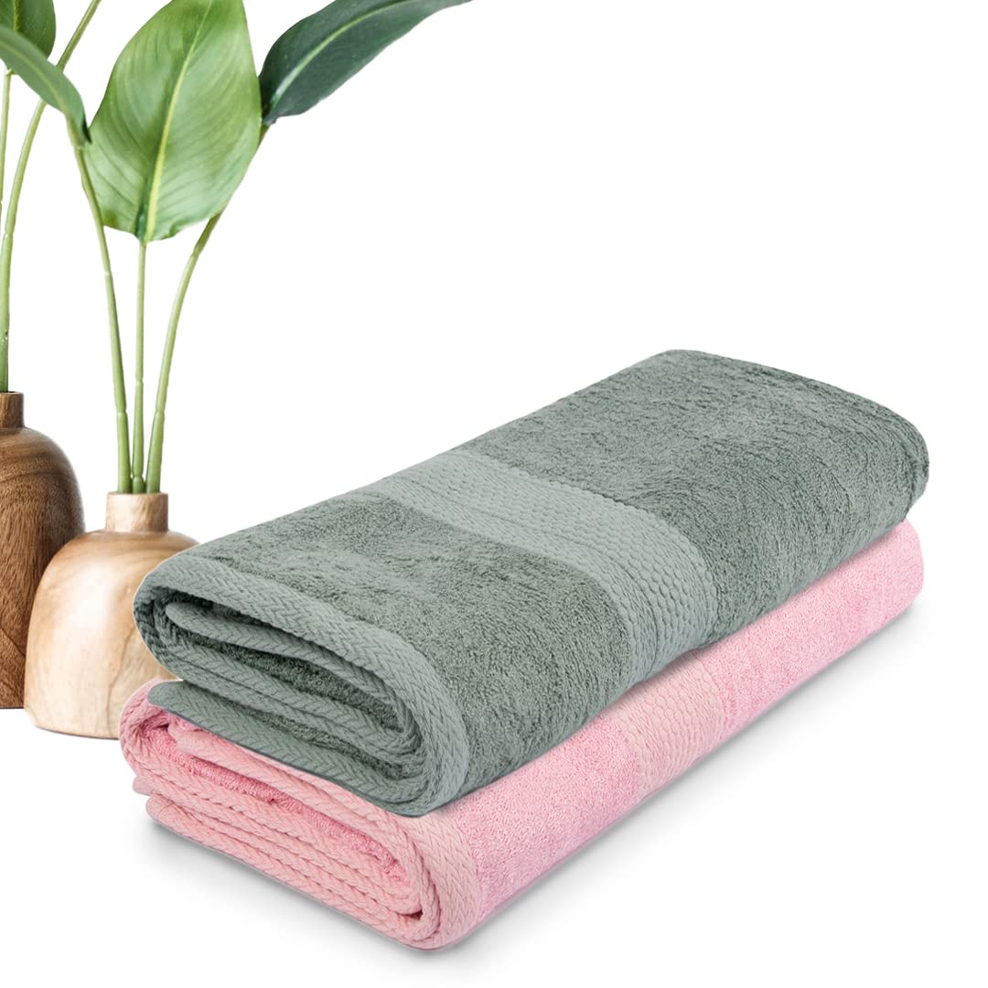 BePlush Bamboo Towels for Bath | Ultra Soft, Highly Absorbent, Quick Dry, Anti Bacterial Bamboo Bath Towel for Men & Women || 450 GSM, 27 x 55 Inches (2, Olive Green & Pink)