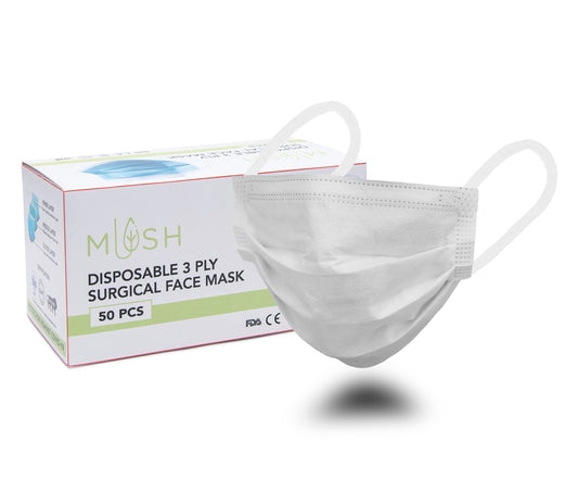 Mush Unisex 3 Layered BFE > 99% 3 Ply Surgical Disposable Face Mask Without Valve with Melt-Blown Filter (White) - Pack of 50