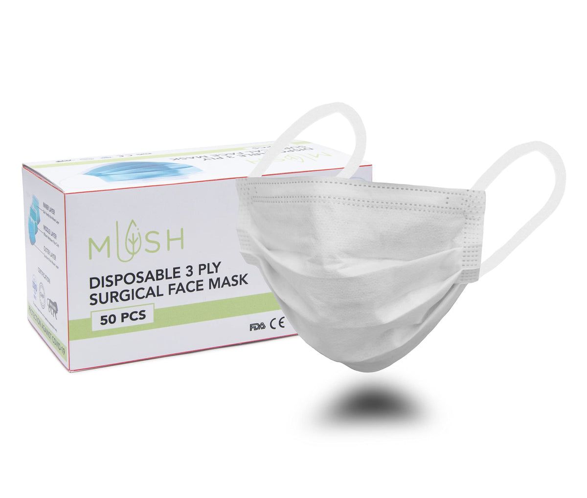 Mush 3 Layered Surgical Disposable Face Mask with Melt-Blown Filter , BFE > 99% (White, Pack of 200)