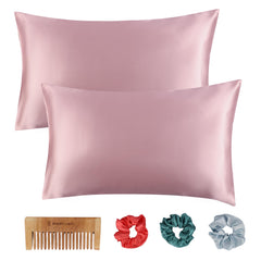 BePlush Satin Pillow Cover Set for Hair and Skin | with 3 Piece Satin Scrunchies for Women & 1 Wooden Comb | Luxurious Haircare Combo/Gift Box | 2 Silk Pillow Covers (Envelope Closure, Peach)