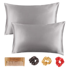 BePlush Satin Pillow Cover Set for Hair and Skin | with 3 Piece Satin Scrunchies for Women & 1 Wooden Comb | Luxurious Haircare Combo/Gift Box | 2 Silk Pillow Covers (Envelope Closure, Silver Grey)