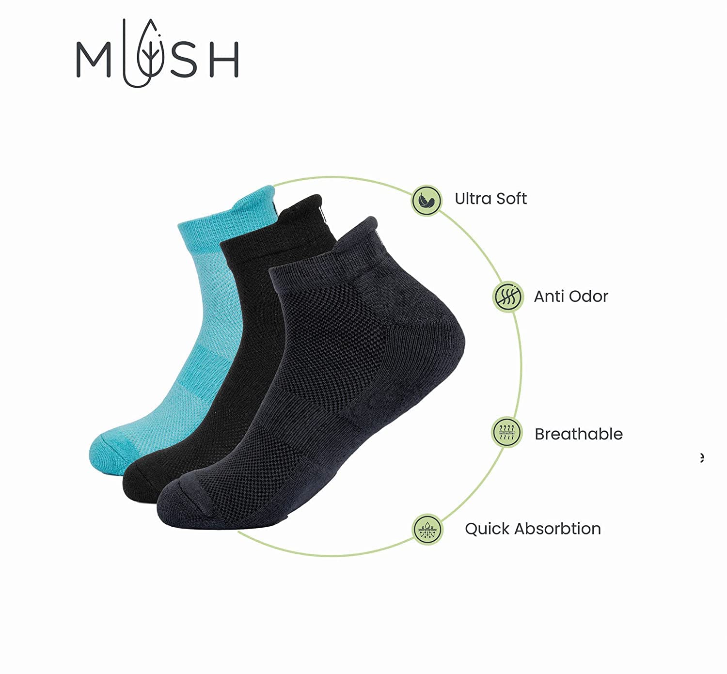 Mush Bamboo Anti Odor, Breathable, Anti Blister Bamboo Ankle Socks for Men & Women for Casual & Sports Wear (6 Dark Grey, Charcoal Green, Sea Green, Lavender, Navy Blue, Aqua Blue)
