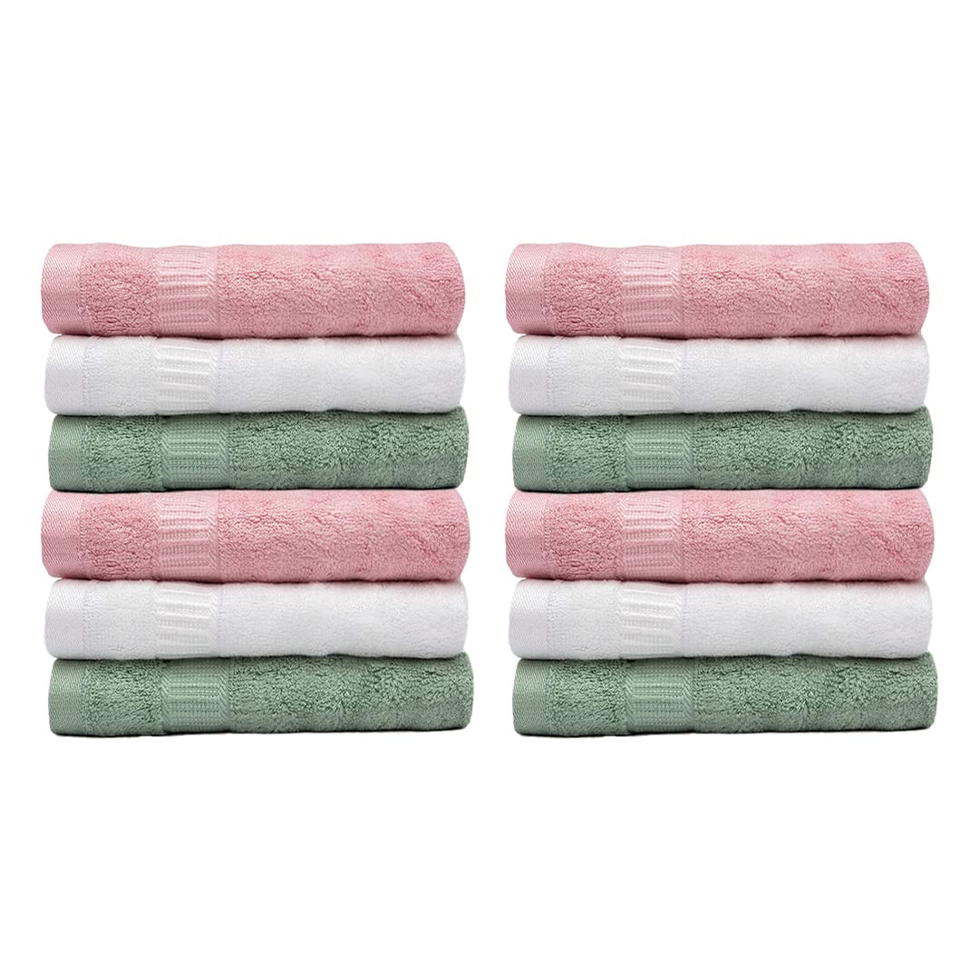 Mush Bamboo Face Towel | Ultra Soft, Absorbent & Quick Dry Towel for Facewash, Gym, Travel, Yoga. Recommended for Acne Prone Skincare (12, Green Pink White)