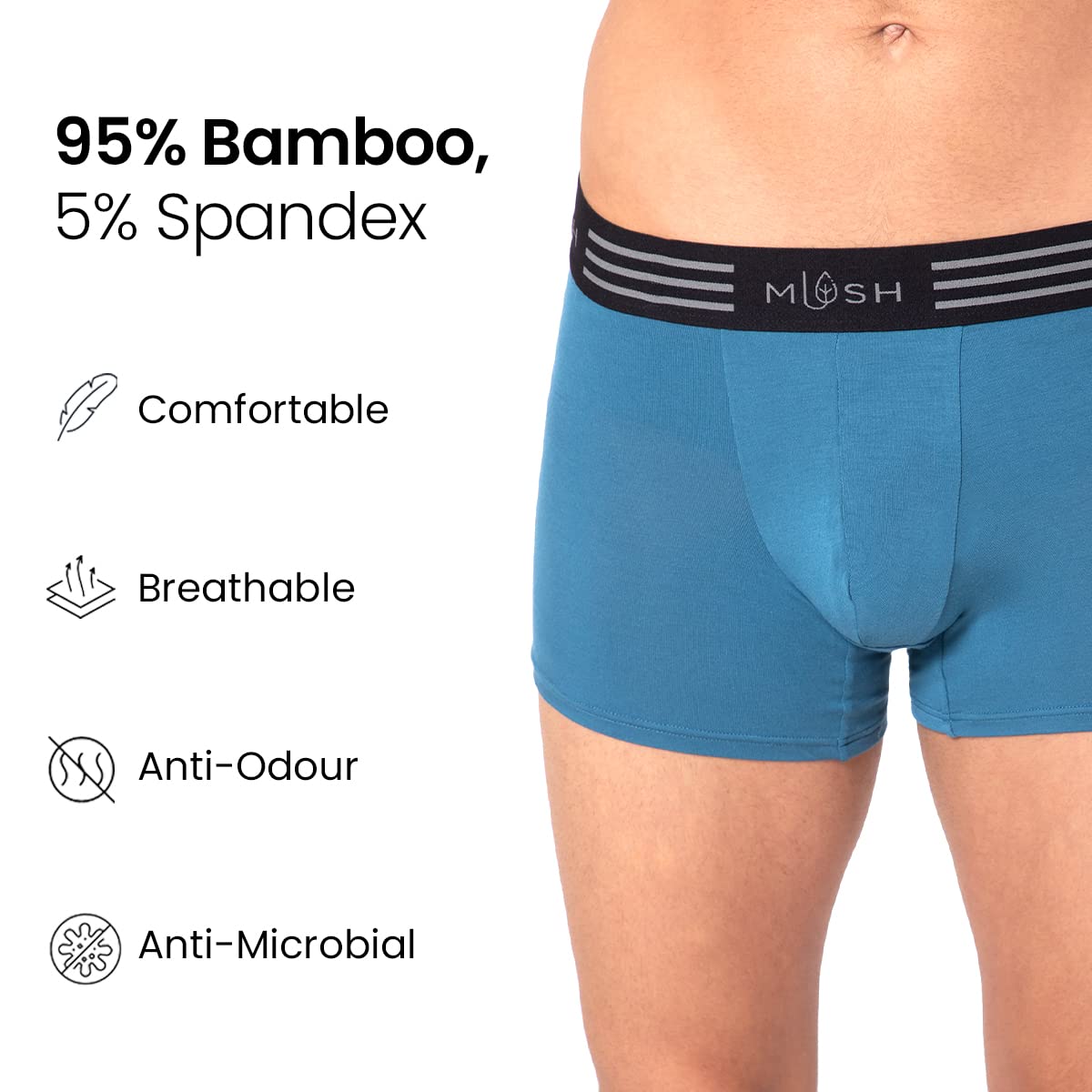 Mush Ultra Soft, Breathable, Feather Light Men's Bamboo Trunk || Naturally Anti-Odor and Anti-Microbial Bamboo Innerwear Pack of 2 (M, Blue and White)