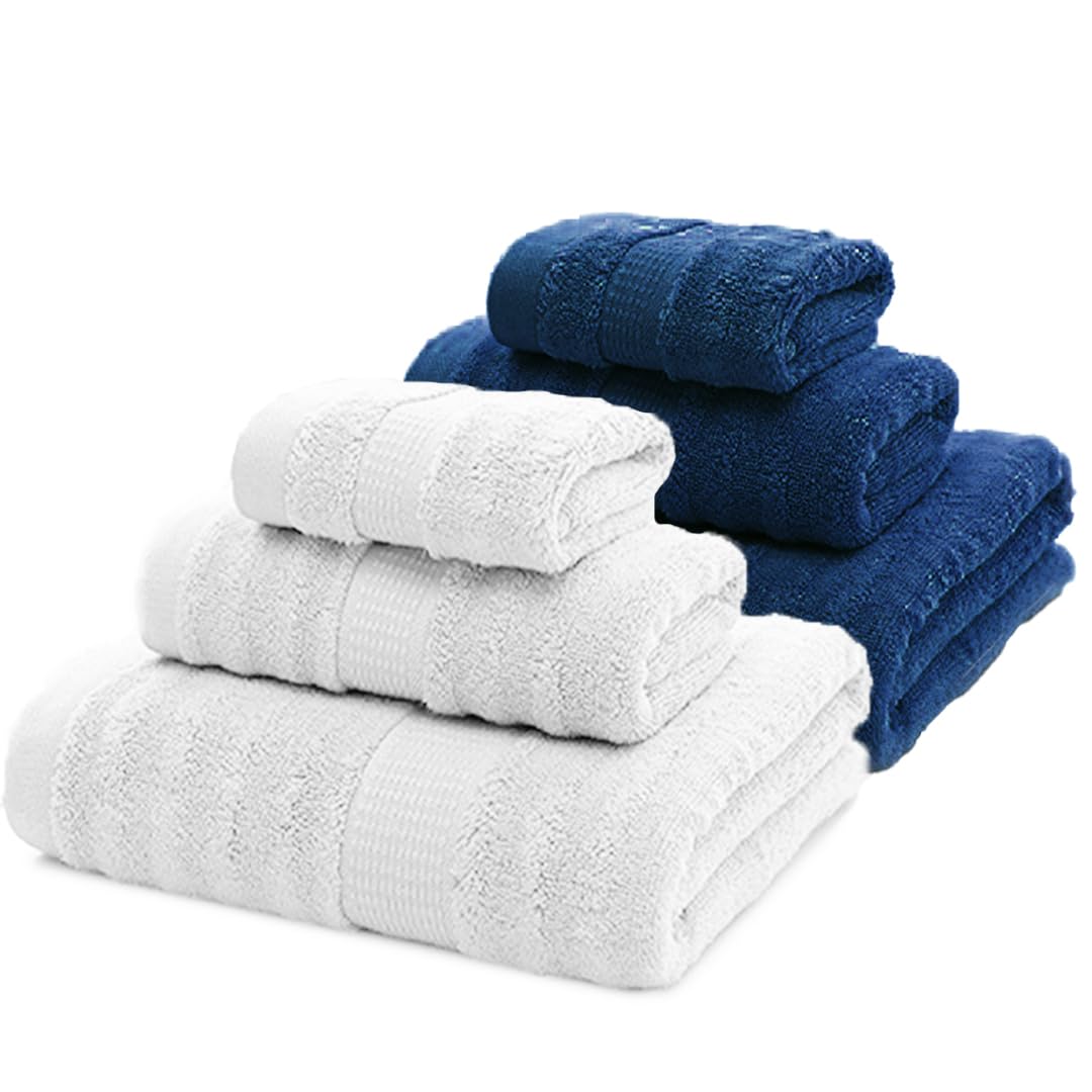 Mush Bamboo Towels Set | Ultra Soft, Absorbent and Antimicrobial 600 GSM (2 Bath Towel, 2 Hand Towel and 2 Face Towel) Perfect for Daily Use and Gifting (Navy & White)