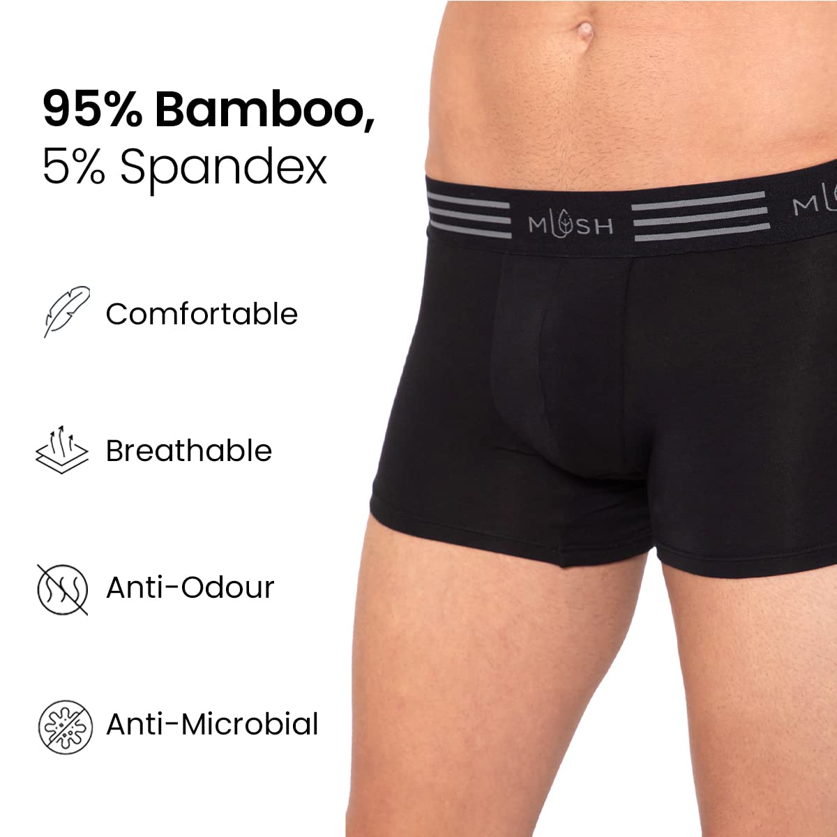 Mush Ultra Soft, Breathable, Feather Light Men's Bamboo Trunk || Naturally Anti-Odor and Anti-Microbial Bamboo Innerwear Pack of 2 (M, Melange Grey and Black)