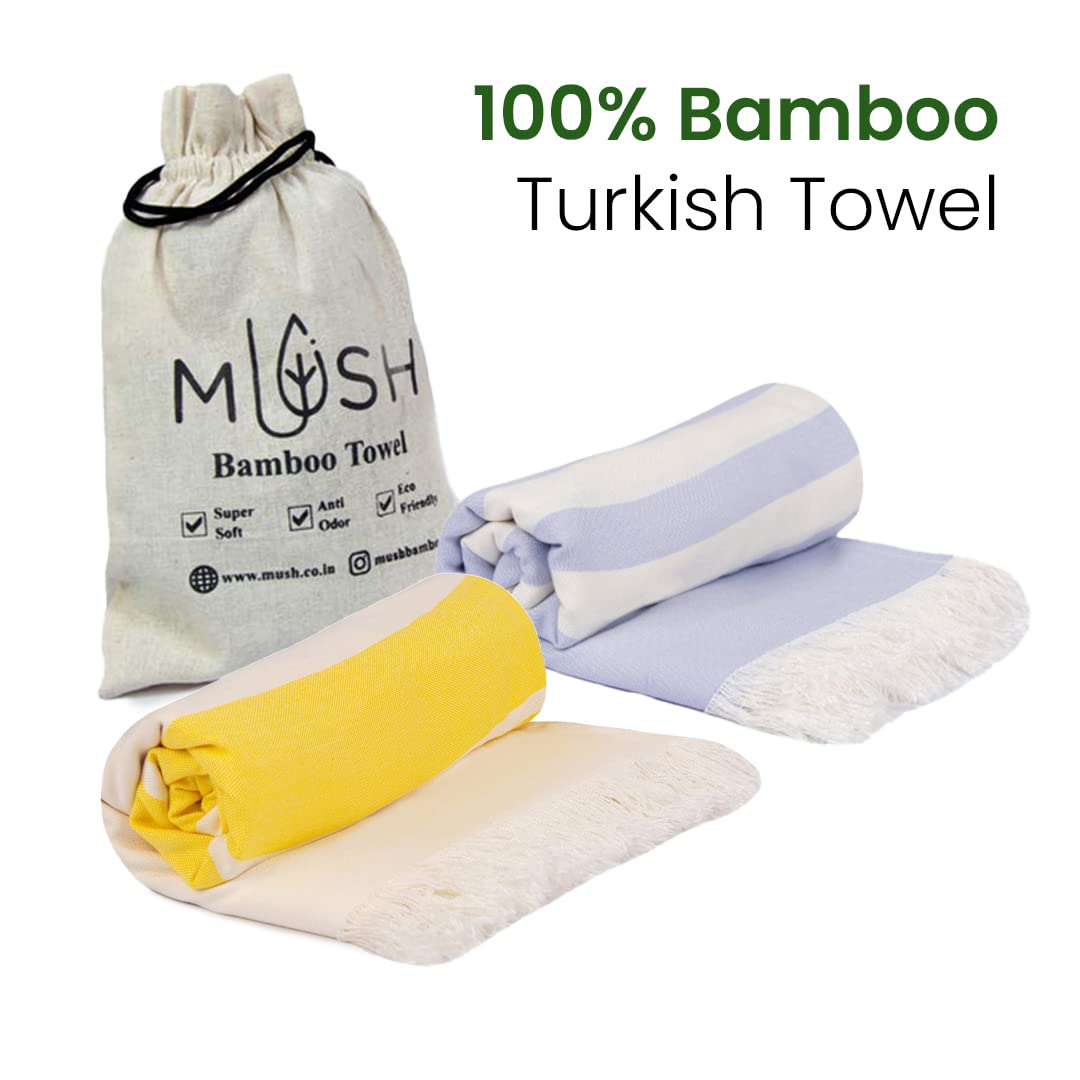 Mush 100% Bamboo Light Weight & Ultra-Compact Turkish Towel Super Soft, Absorbent, Quick Dry,Anti-Odor Bamboo Towel for Bath,Travel,Gym, Swim and Workout (2, Ice melt Blue & Yellow)