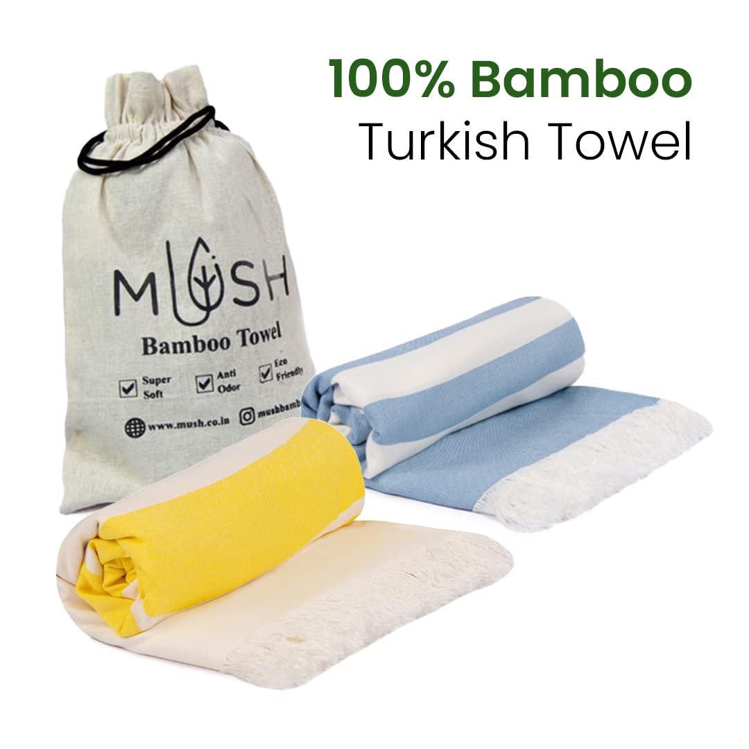 Mush 100% Bamboo Light Weight & Ultra-Compact Turkish Towel Super Soft, Absorbent, Quick Dry,Anti-Odor Bamboo Towel for Bath,Travel,Gym, Swim and Workout (2, Muted Blue & Yellow)