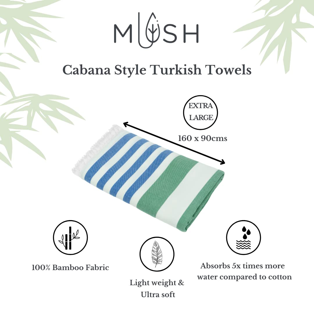 Mush Extra Large Cabana Style Turkish Towel 100% Bamboo 90 X 160 Cms - Ideal For Beach, Bath, Pool Etc (Blue - Dark Green & Turquoise - Light Green, 250 Gsm)