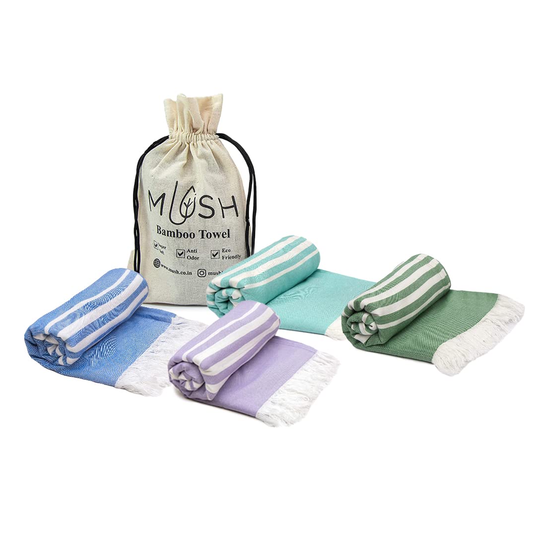 Mush 100% Bamboo Light Weight & Ultra-Compact Turkish Towel Super Soft, Absorbent, Quick Dry,Anti-Odor Bamboo Towel for Bath, Gym, Swim, Workout (4, Lavender,Dark Green, Blue & Aqua)