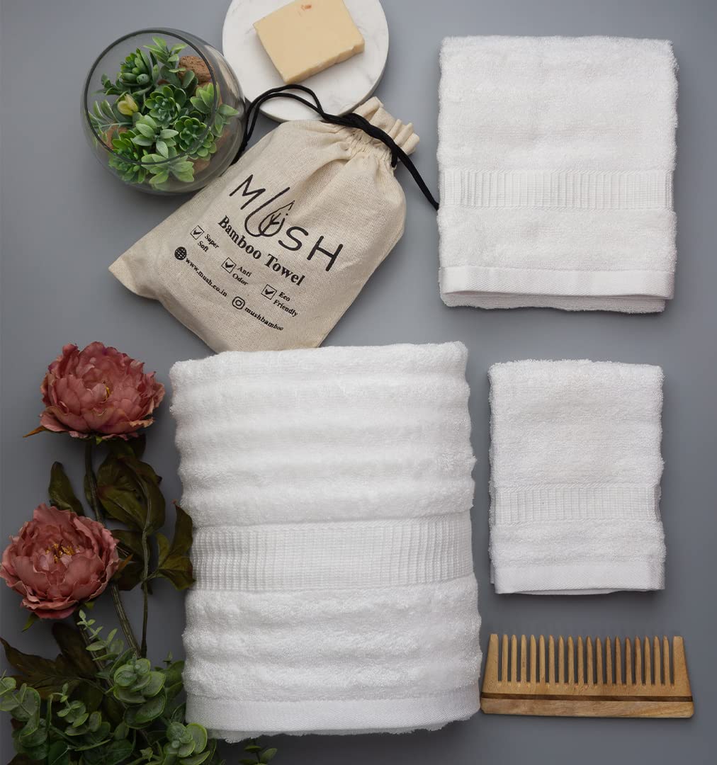 Mush Bamboo Luxurious 3 PieceTowels Set | Ultra Soft, Absorbent and Antimicrobial 600 GSM (Bath Towel, Hand Towel and Face Towel) Perfect for Daily Use and Gifting (White)