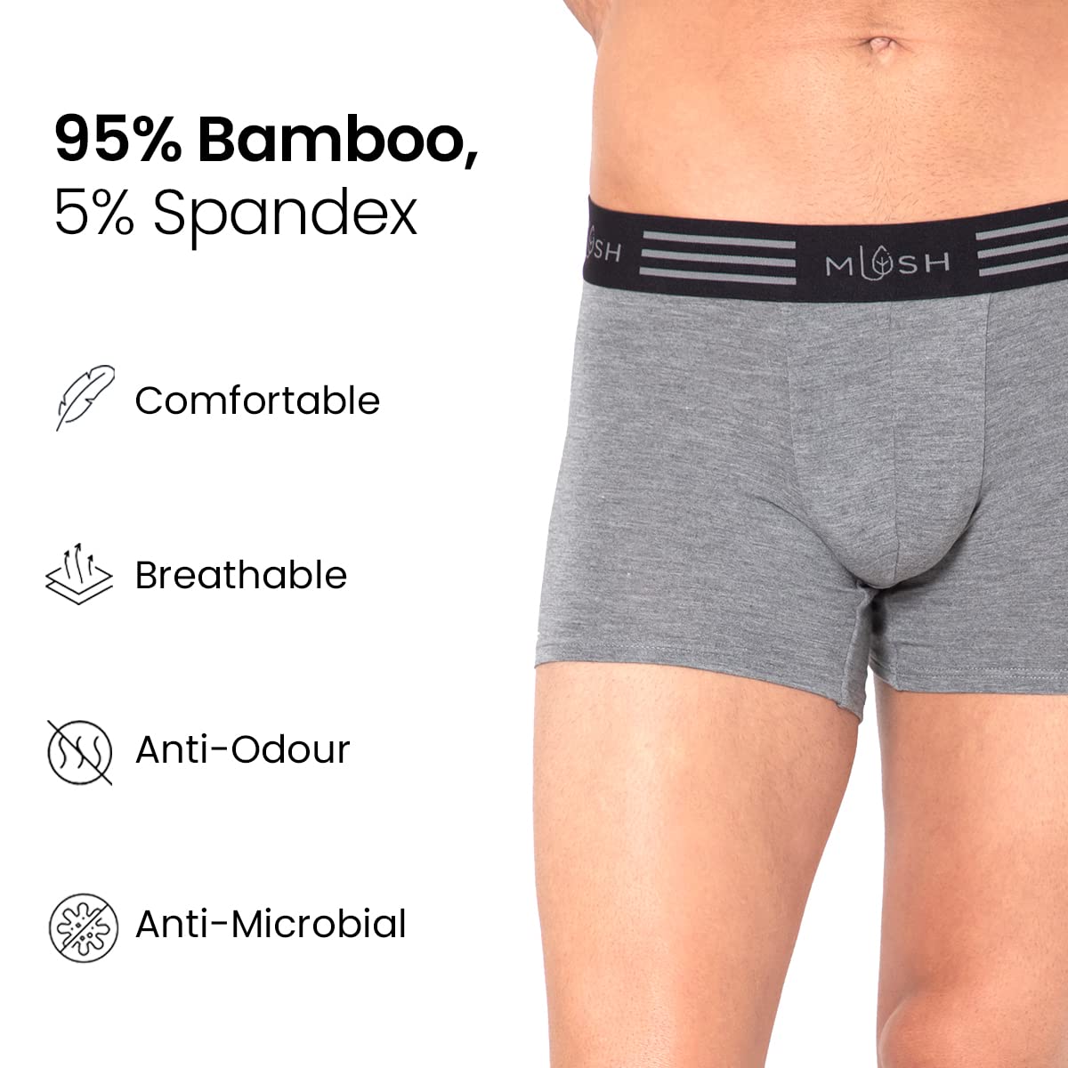 Mush Ultra Soft, Breathable, Feather Light Men's Bamboo Trunk || Naturally Anti-Odor and Anti-Microbial Bamboo Innerwear Pack of 3 (M, Grey)