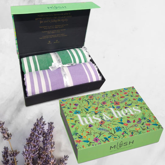 Mush Bamboo Turkish Towel Set: Perfect Diwali, Wedding, Housewarming, Anniversary Gifts for Women, Men, Couples. Soft, Absorbent, Compact, Quick Dry Towel for Bath, Travel, Gym, Beach, Pool, Yoga (Gift Box : 2 Lavender - Dark Green)