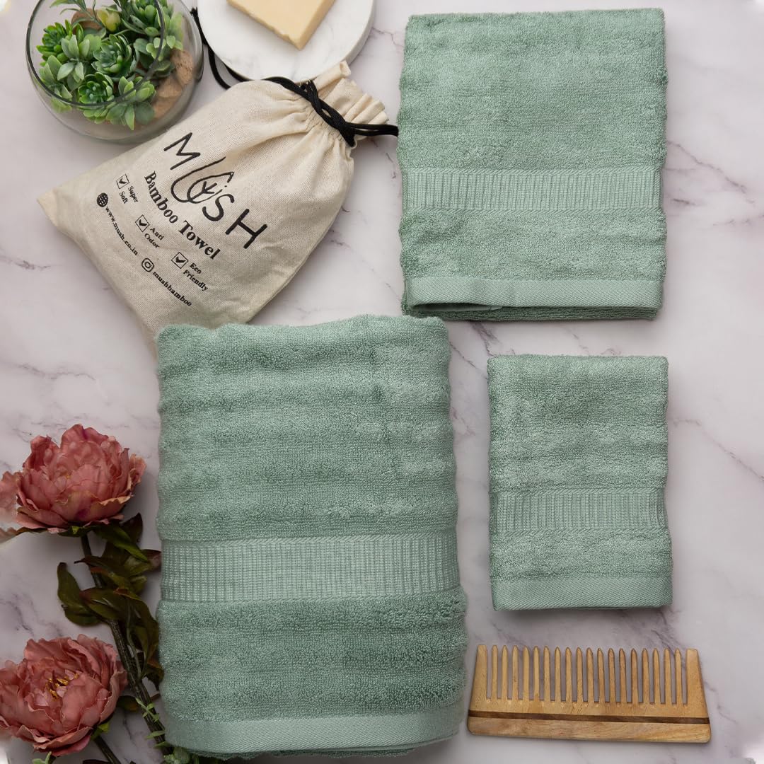 Mush Bamboo Towels Set | Ultra Soft, Absorbent and Antimicrobial 600 GSM (2 Bath Towel, 2 Hand Towel and 2 Face Towel) Perfect for Daily Use and Gifting (Cream & Green)