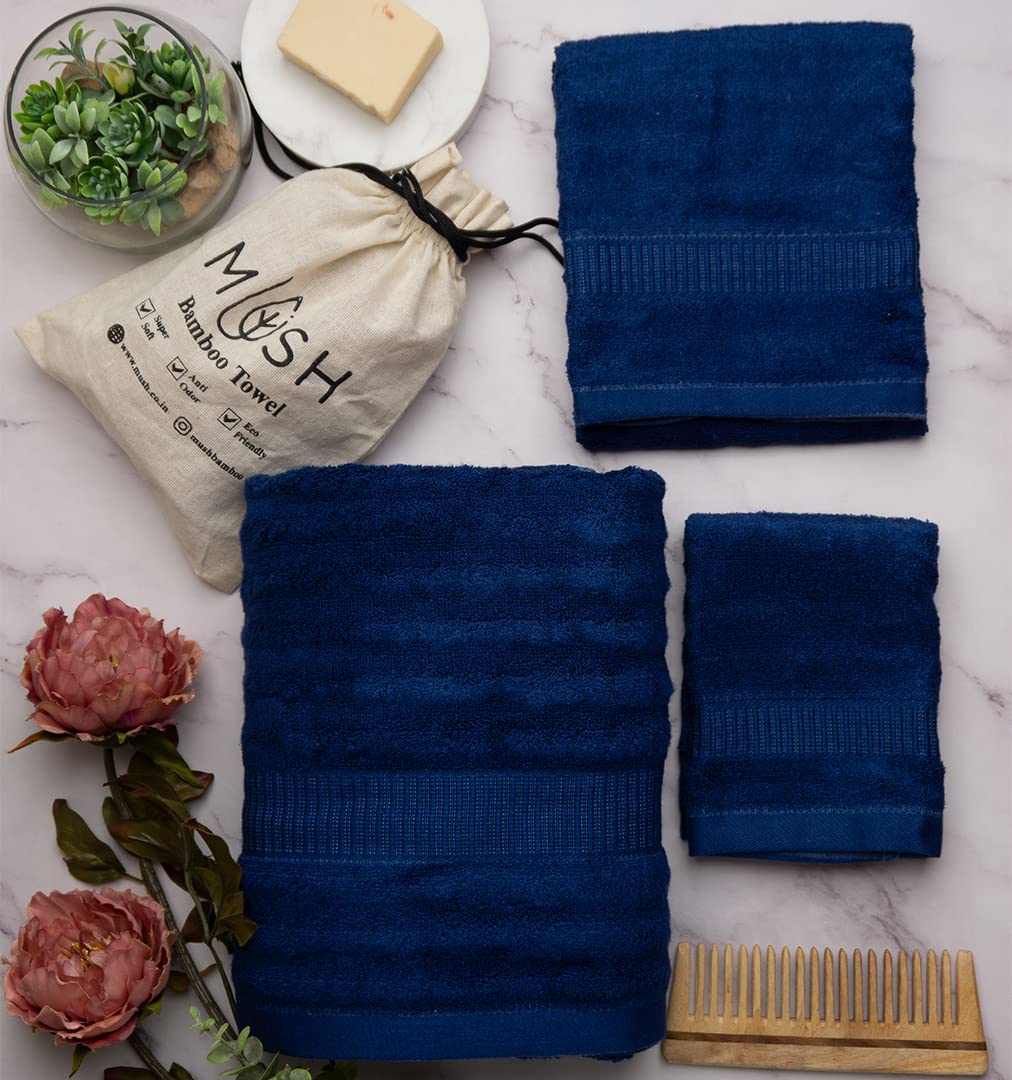Mush Bamboo Luxurious 3 PieceTowels Set | Ultra Soft, Absorbent and Antimicrobial 600 GSM (Bath Towel, Hand Towel and Face Towel) Perfect for Daily Use and Gifting (Navy Blue)