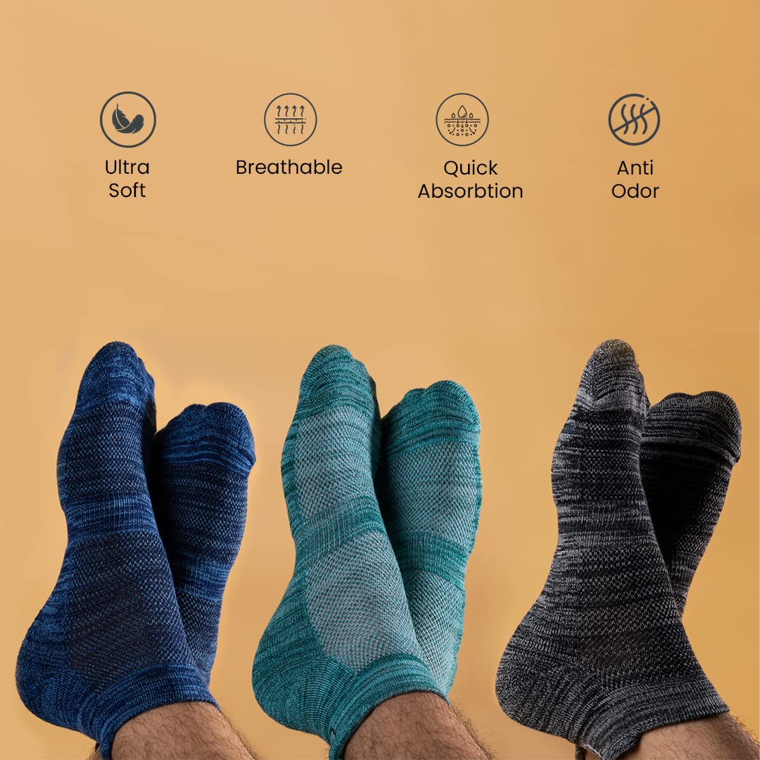 Mush Bamboo Ultra Soft, Anti Odor, Breathable, Anti Blister Ankle Socks for Men & Women for Casual & Sports Wear (Pack of 3, Melange Navy Sky)