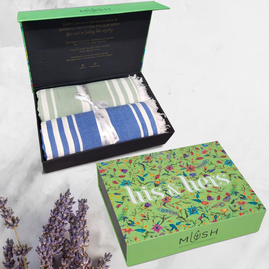 Mush Bamboo Turkish Towel Set: Perfect Diwali, Wedding, Housewarming, Anniversary Gifts for Women, Men, Couples. Soft, Absorbent, Compact, Quick Dry Towel for Bath, Travel, Gym, Beach, Pool, Yoga (Gift Box : 2 Blue - Light Green)