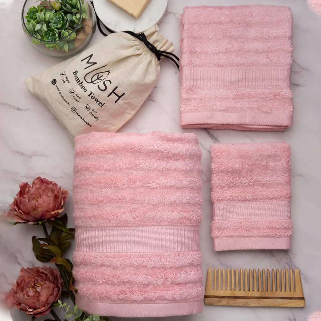Mush Bamboo Towels Set | Ultra Soft, Absorbent and Antimicrobial 600 GSM (4 Bath Towel, 4 Hand Towel and 4 Face Towel) Perfect for Daily Use and Gifting (Cream, Pink, Golden, & Olive)