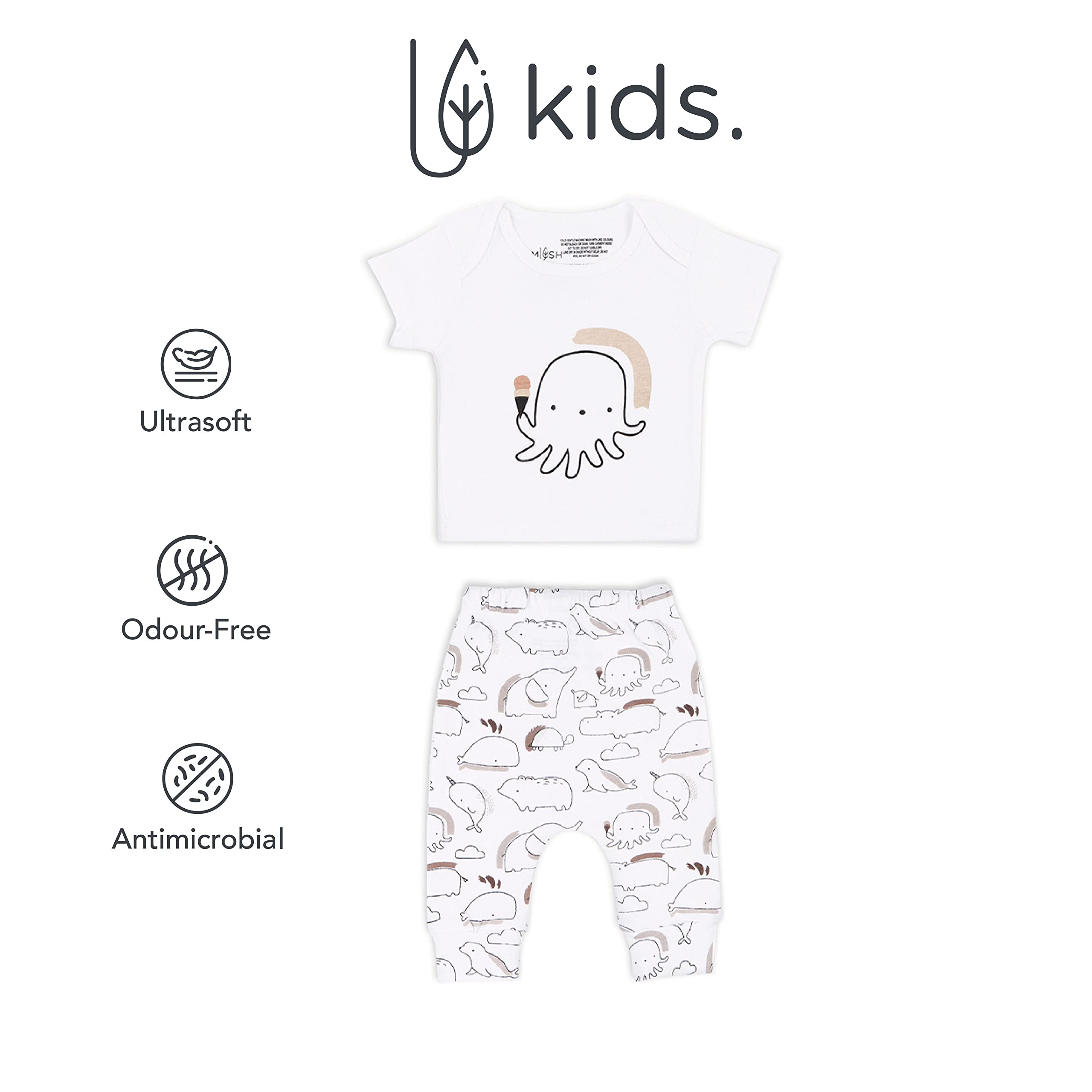 Mush Ultra Soft Bamboo Unisex Tees & Pants Combo Set for New Born Baby/Kids,Pack of 2 (0-3 Months, Marine Life)