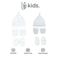Mush Ultra Soft Bamboo Unisex Mittens, Socks & Caps Combo Set for New Born Baby/Kids (Pack of 6, (3-6 Month, Stary Night & Daylight)
