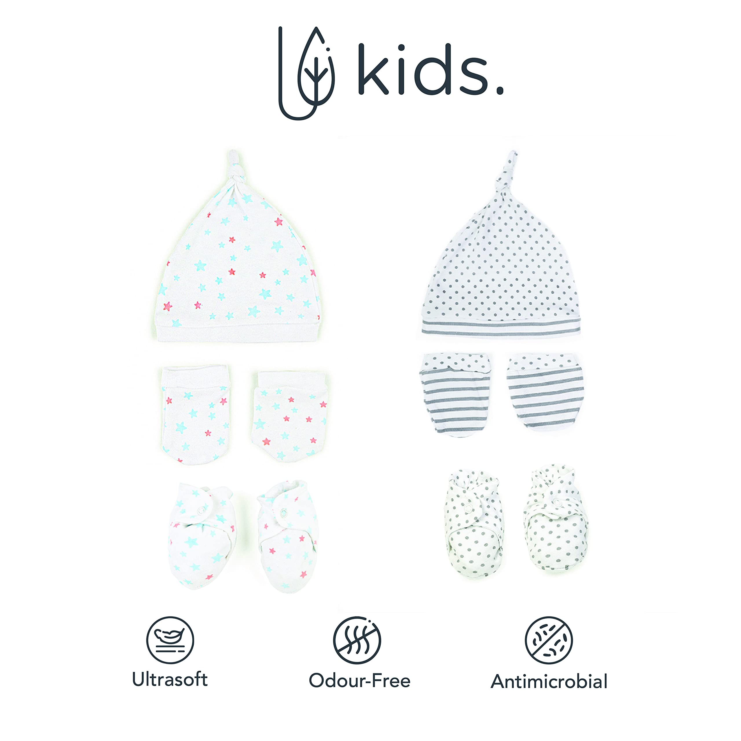 Mush Ultra Soft Bamboo Unisex Mittens, Socks & Caps Combo Set for New Born Baby/Kids (Pack of 6, (6-12 Months, Stary Night & Daylight)
